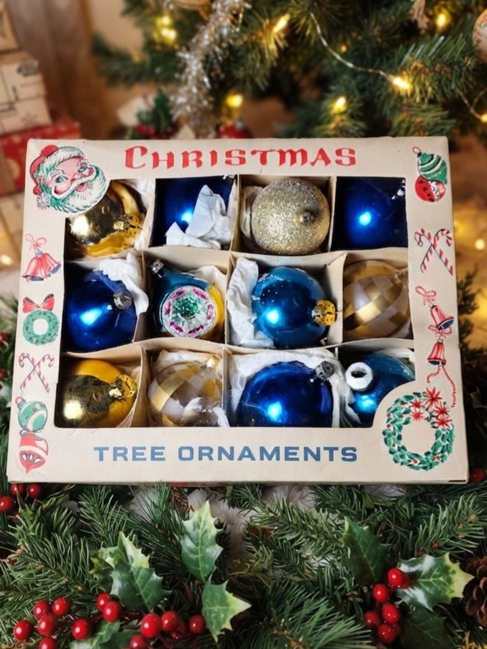 Vintage Glass Christmas Ornaments Box Of 12